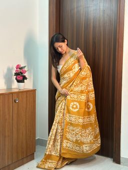 SainSisters - Women Mustard Hand Block Printed Cotton Saree Without Blouse