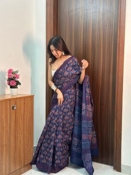 SainSisters - Women Navy Blue Hand Block Printed Cotton Saree Without Blouse