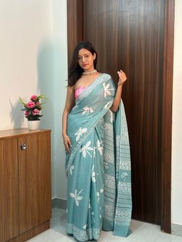 SainSisters - Women Green Hand Block Printed Cotton Saree Without Blouse