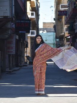 SainSisters - Women Yellow Hand Block Printed Cotton Saree Without Blouse