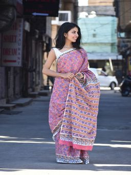 SainSisters - Women Pink Hand Block Printed Silk Saree Without Blouse