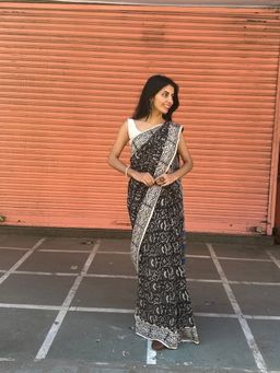 SainSisters - Women Black Hand Block Printed Cotton Saree Without Blouse