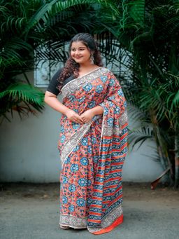 SainSisters - Women Red Hand Block Printed Cotton Saree Without Blouse