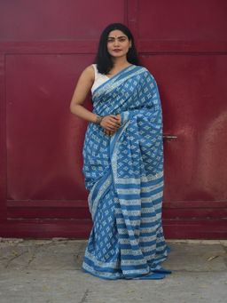 SainSisters - Women Blue Hand Block Printed Cotton Saree Without Blouse