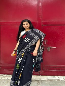 SainSisters - Women Black Hand Block Printed Cotton Saree Without Blouse