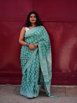 SainSisters - Women Green Hand Block Printed Cotton Saree Without Blouse