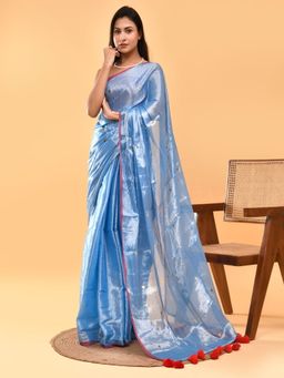 SainSisters - Women Blue Embellished Tissue Saree Without Blouse