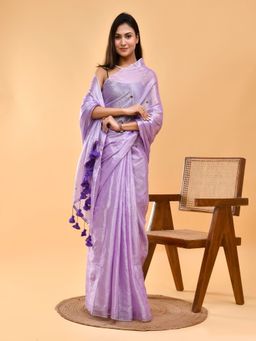 SainSisters - Women Lavender Embellished Tissue Saree Without Blouse