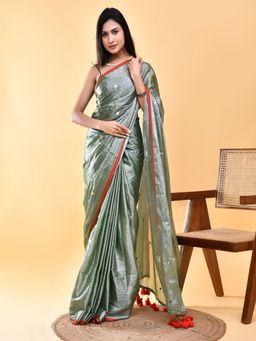 SainSisters - Women Green Embellished Tissue Saree Without Blouse