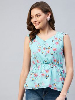 Carlton London - Women Casual Blue Floral Cinched Top