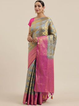 Mimosa - Women Kanjivaram Silk Saree With Unstitched Blouse