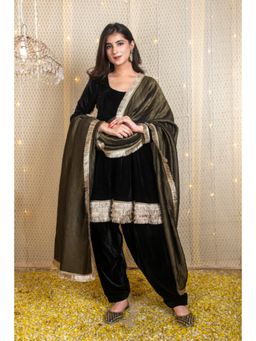 Label Shaurya Sanadhya - Velvet Black Short Anarkali Suit Set with Tissue Dupatta