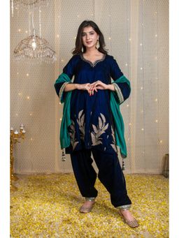 Label Shaurya Sanadhya - Velvet Blue and Green Embroidered Short Kurta Set