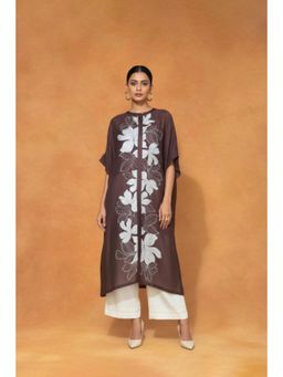 ORIGANI - Brown Chanderi Silk Round Neck Embroidered Kaftan with Palazzo