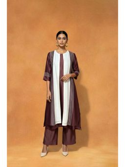 ORIGANI - Multi-Color Chanderi Silk Round Neck Stripes Kurta with Pant and Jacket