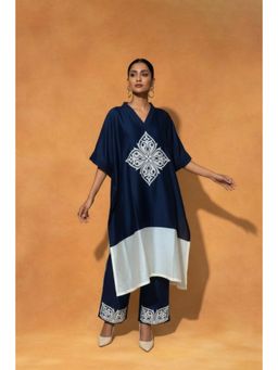 ORIGANI - Navy Blue Chanderi Silk V-Neck Floral Kaftan with Pant