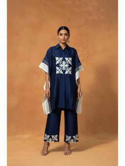ORIGANI - Navy Blue Chanderi Silk Collar Neck Printed Kaftan with Pant