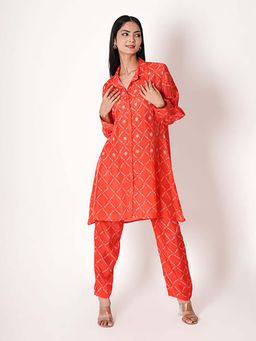 Kameez - Red Orange Bandhani Gota Work Bemberg Silk Co-ord Set