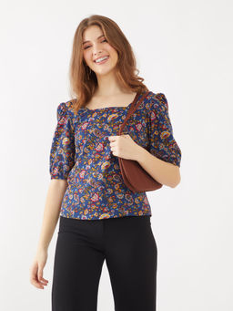 Zink London - Womens Navy Blue Printed Top