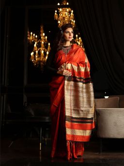 Beatitude - Red Handwoven Dupion Raw Silk Saree Beige Pallu with Unstitched Blouse