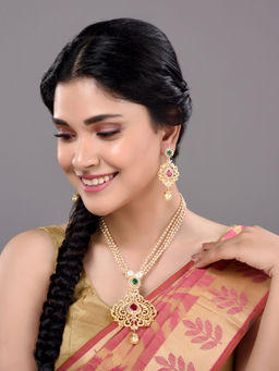 Saraf RS Jewellery - Gold Plated Multi Coloured AD & Pearl Pendant with Earrings (Set of 2)