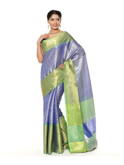 Banarasi Silk Works - Navy Blue Kanchi Silk Green Pattu Border Saree with Unstitched Blouse