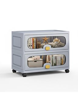 House of Quirk - Grey 2 Layer Stackable Collapsible Storage Box Cabinet with Wheels & Flip Doors
