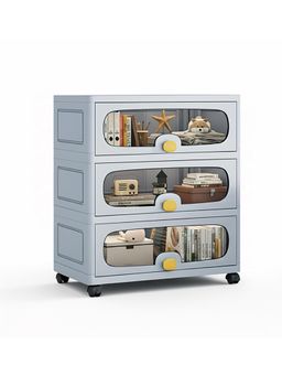 House of Quirk - Grey 3 Layer Stackable Collapsible Storage Box Cabinet with Wheels & Flip Doors
