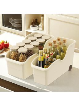 House of Quirk - Cream Storage Bins for Pantry and Kitchen Cabinet Organizer With Wheel Basket