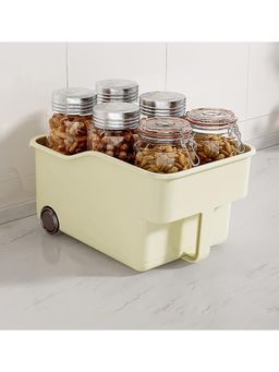 House of Quirk - Cream Storage Bins for Pantry and Kitchen Cabinet Organizer With Wheel Basket
