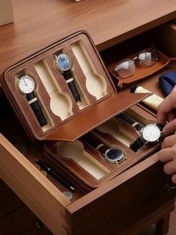 Aarvi Decor - Brown Faux Leather 8 Watches travelling Organizer