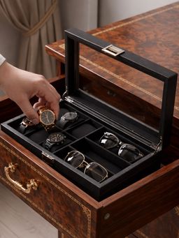 Aarvi Decor - Unisex Black Faux Leather Watch & Sunglasses Organizer