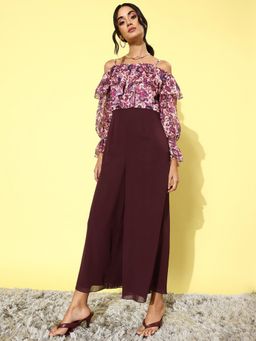 Miss Chase - Women's Multicolored-Base-Wine Off-Shoulder Ruffled Sleeve Floral Regular Jumpsuit
