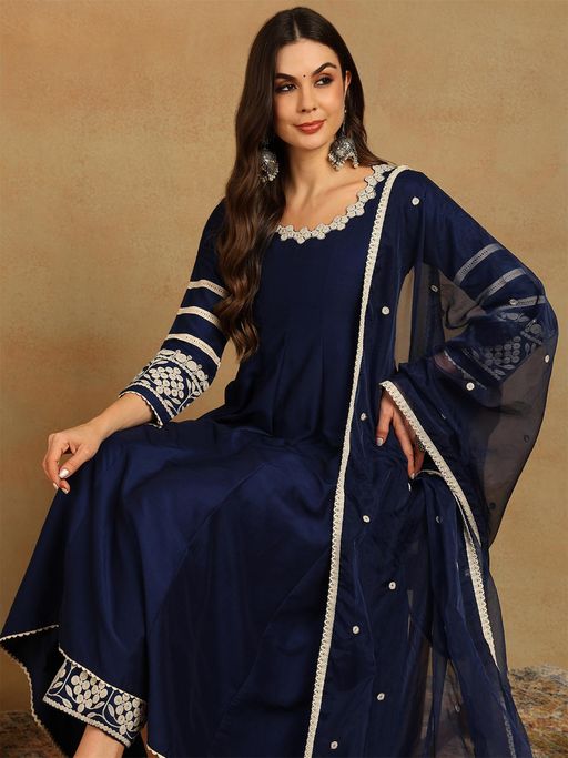 Vaamsi Women Navy Blue Embroidered Anarkali Kurta with Palazzo & Dupatta (Set of 3)