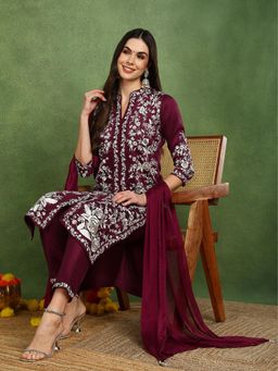 Vaamsi - Women Purple Silk Blend Embroidered Straight Kurta Trouser with Dupatta (Set of 3)