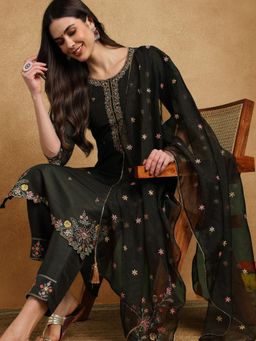 Vaamsi - Women Olive Silk Blend Floral Kurta with Pant and Dupatta (Set of 3)