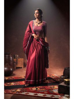 Taraasi - Rust 'Manjulika' Mulmul Kalidar Lehenga with Blouse & Dupatta