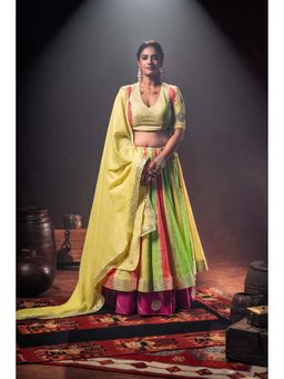 Taraasi - Multicolor 'Raseeli' Double Layered Mulmul Kalidar Lehenga with Blouse & Dupatta