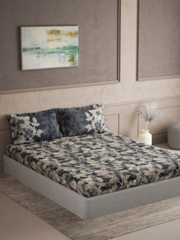 Ddecor Live Beautiful - 100% Cotton Elemental Leaves Super King Bedsheet with 2 Pillow Cover Blue