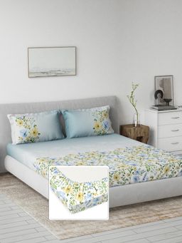 Ddecor Live Beautiful - 100% Cotton Primary Floral King Fitted Bedsheet with 2 Pillow Cover Blue