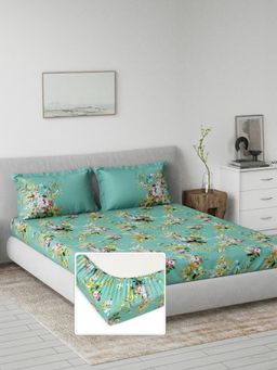 Ddecor Live Beautiful - 100% Cotton Primary Floral King Fitted Bedsheet with 2 Pillow Cover Green