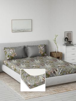 Ddecor Live Beautiful - 100% Cotton Primary Floral King Fitted Bedsheet with 2 Pillow Cover Grey