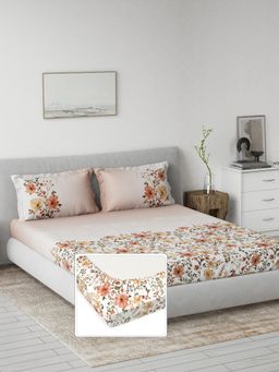 Ddecor Live Beautiful - 100% Cotton Primary Floral King Fitted Bedsheet with 2 Pillow Cover Pink