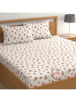 CHHAVI INDIA - Double Bedsheet Set Microfiber Red Floral Print On White 1 Bedsheet & 2 Pillow Covers