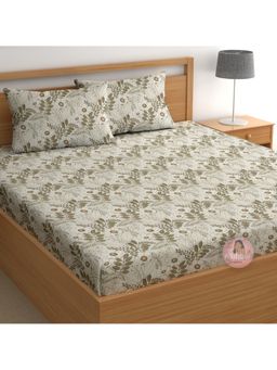 CHHAVI INDIA - Double Bedsheet Set Neutral Beige & Olive Botanical Print 1 Bedsheet & 2 Pillow Covers