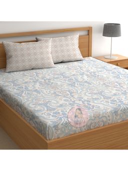 CHHAVI INDIA - Damask-Paisley Print Double Bedsheet Set (Blue-Peach) 1 Bedsheet & 2 Pillow Covers