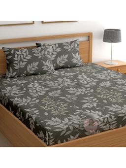 CHHAVI INDIA - Microfiber Double Bedsheet With 2 Pillow Covers Dark Grey Leaf Print