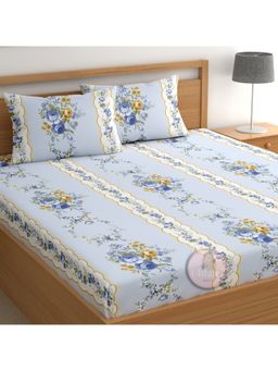 CHHAVI INDIA - Double Bedsheet With 2 Pillow Covers Vintage Blue & Yellow Rose Stripe Print