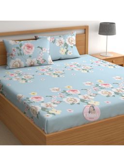 CHHAVI INDIA - Microfiber Double Bedsheet With 2 Pillow Covers Pastel Blue English Rose Print