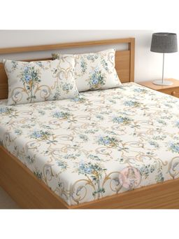 CHHAVI INDIA - Double Bedsheet Set With 2 Pillow Covers Vintage Baroque Blue Floral & Scroll Print